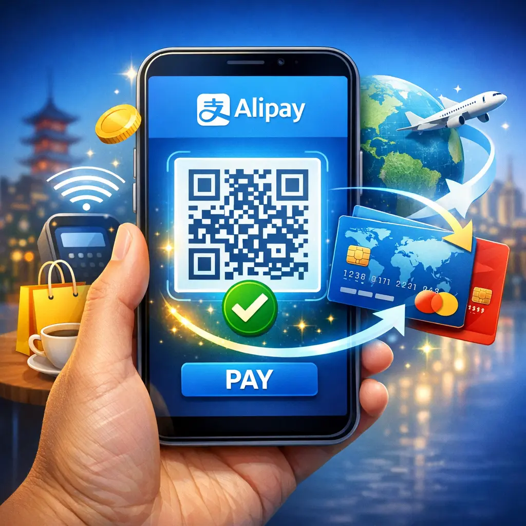 스마트폰 화면 속 알리페이 결제 QR코드 활성화 및 해외 카드 연동 안내 이미지