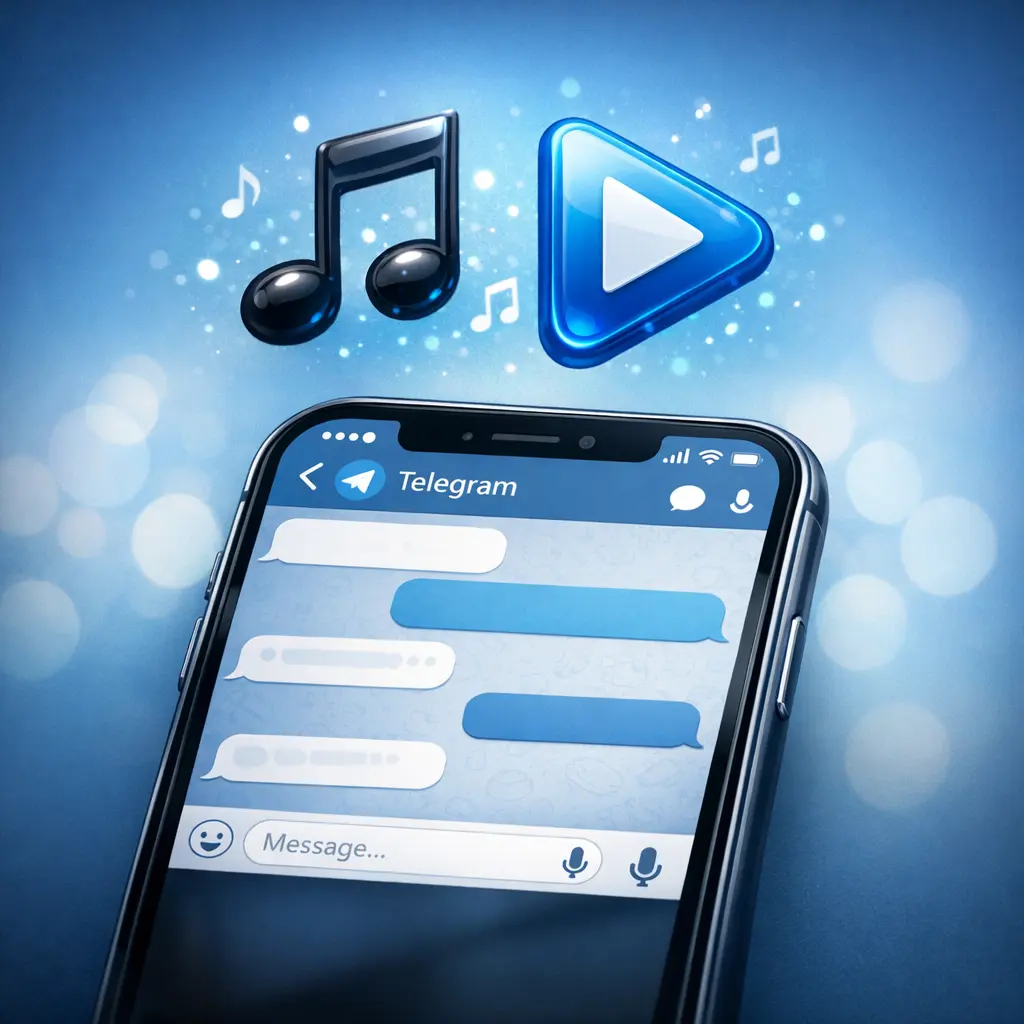 텔레그램 채팅창 위로 음표와 재생 아이콘이 떠 있는 스마트폰 그래픽