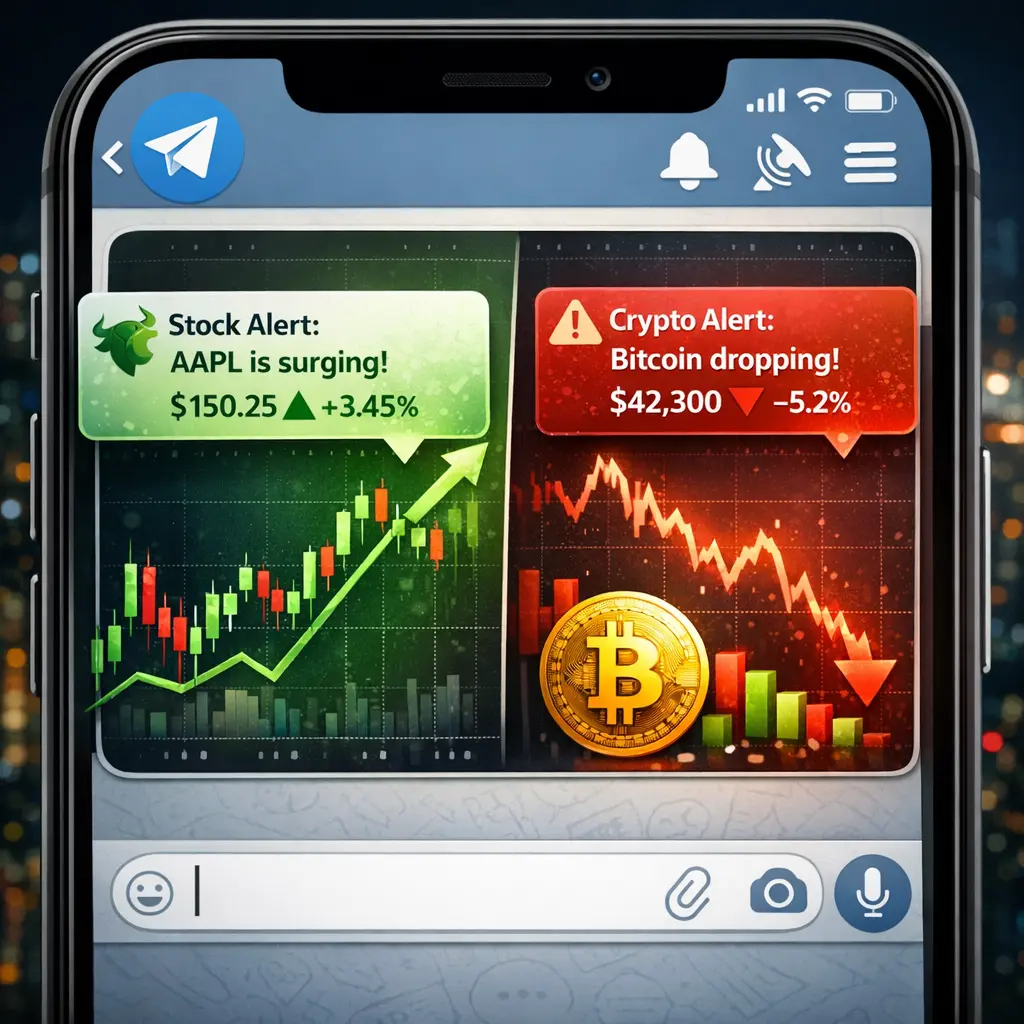 텔레그램 메신저로 수신되는 실시간 주식 차트와 암호화폐 가격 변동 알림 그래픽
