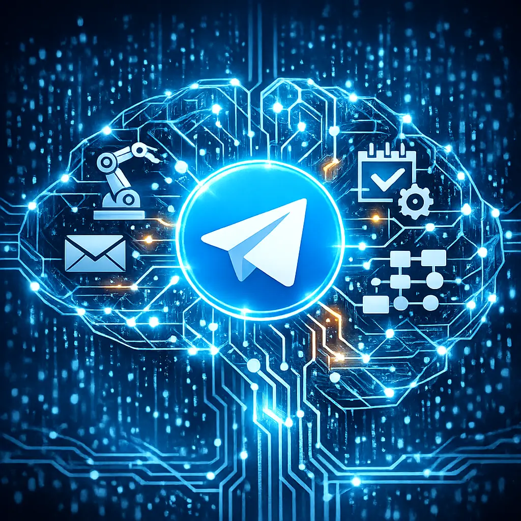 텔레그램 아이콘과 디지털 신경망이 결합된 스마트 업무 자동화 그래픽