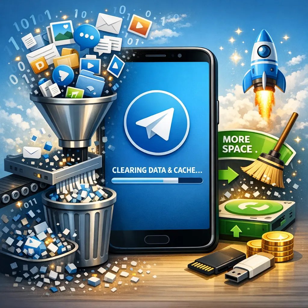 스마트폰 용량 확보를 위해 텔레그램 데이터 및 캐시 설정을 최적화한 시각 자료