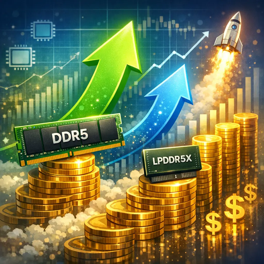 고성능 차세대 메모리 DDR5와 LPDDR5X의 시장 수요 확대 및 수익성 우상향 지표 시각화 이미지