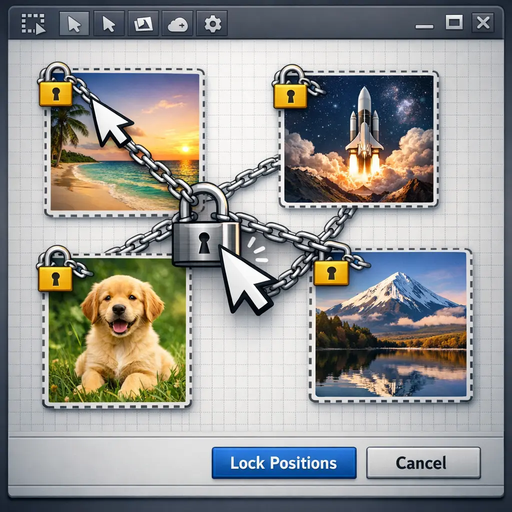 마우스 커서로 다수의 이미지 위치를 지정하여 배치 순서를 동결하는 PC용 인터페이스 조작 화면