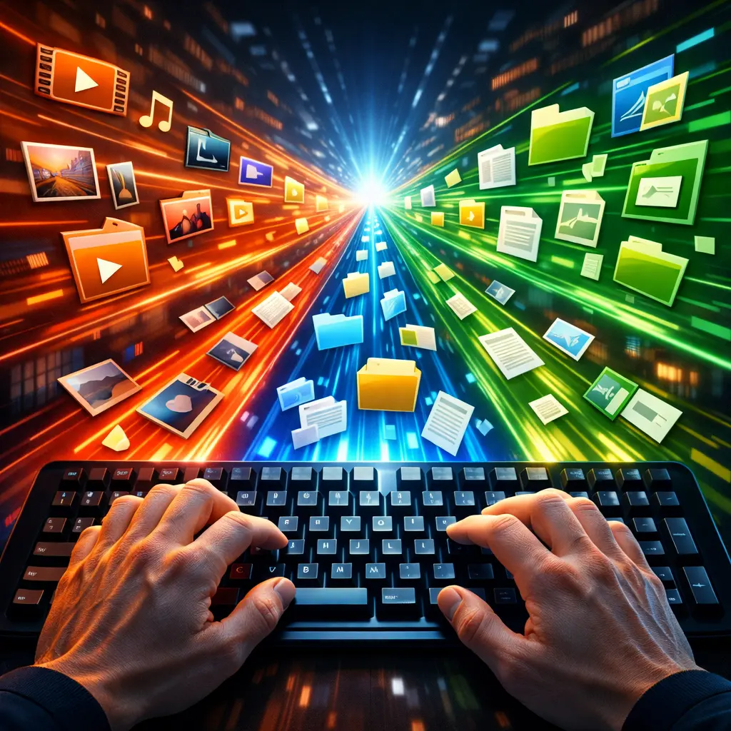 키보드 조작으로 각종 미디어와 파일을 빠르게 전송하고 분류하는 고속 데이터 핸들링 그래픽 이미지