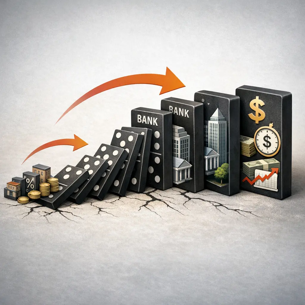 중소금융기관발 자금 경색이 대형 시중은행과 단기 금융 시장으로 확산되는 도미노 전이 구조 시각화 자료