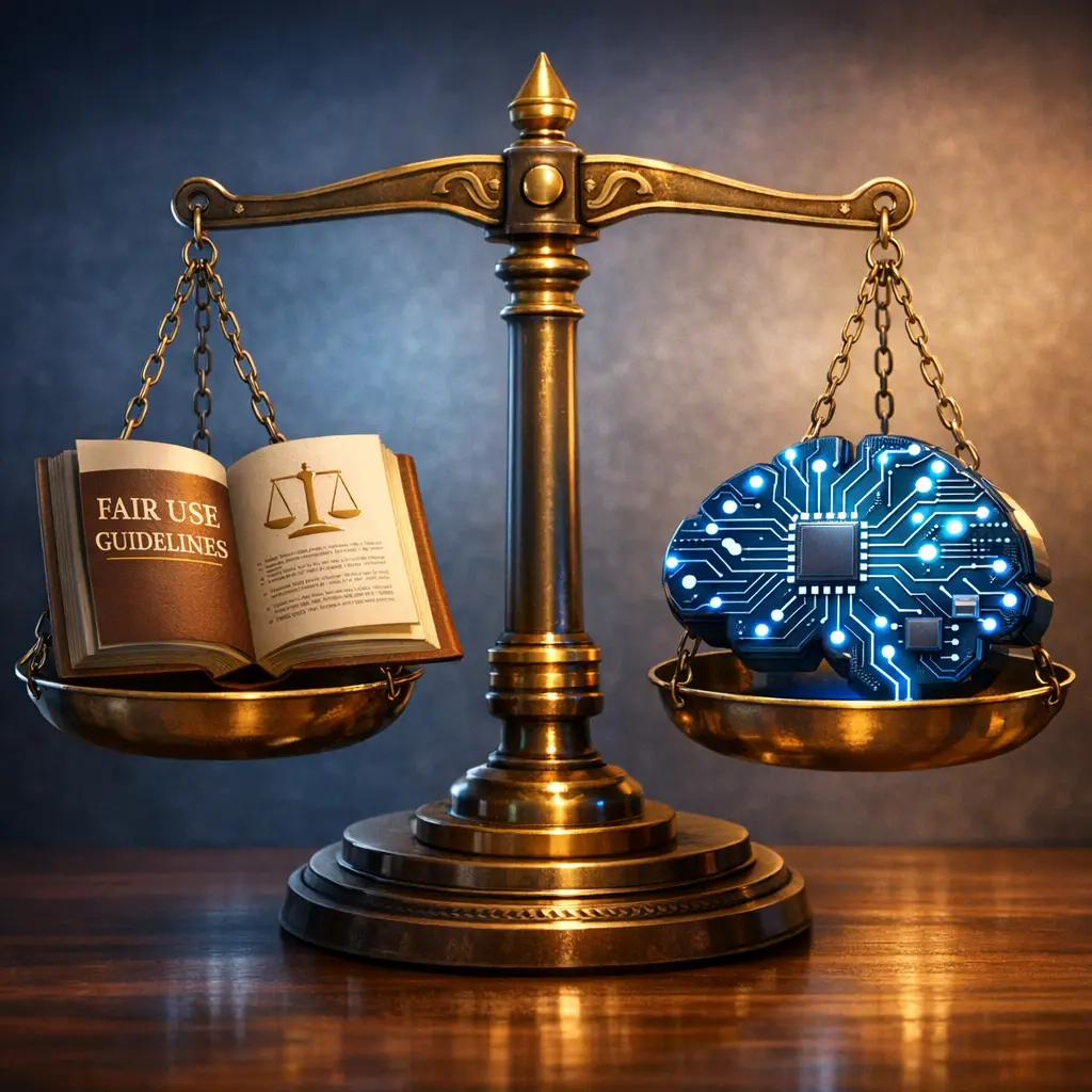 공정 이용 가이드라인을 상징하는 법전과 인공지능 회로가 놓인 저울