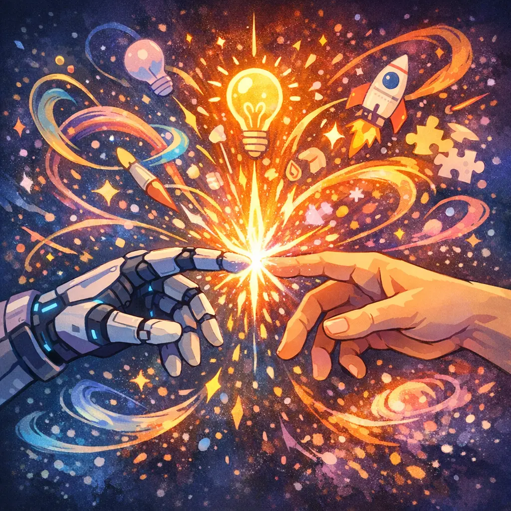 AI와 인간의 손이 맞닿아 빛나는 창의성을 만들어내는 추상적인 일러스트