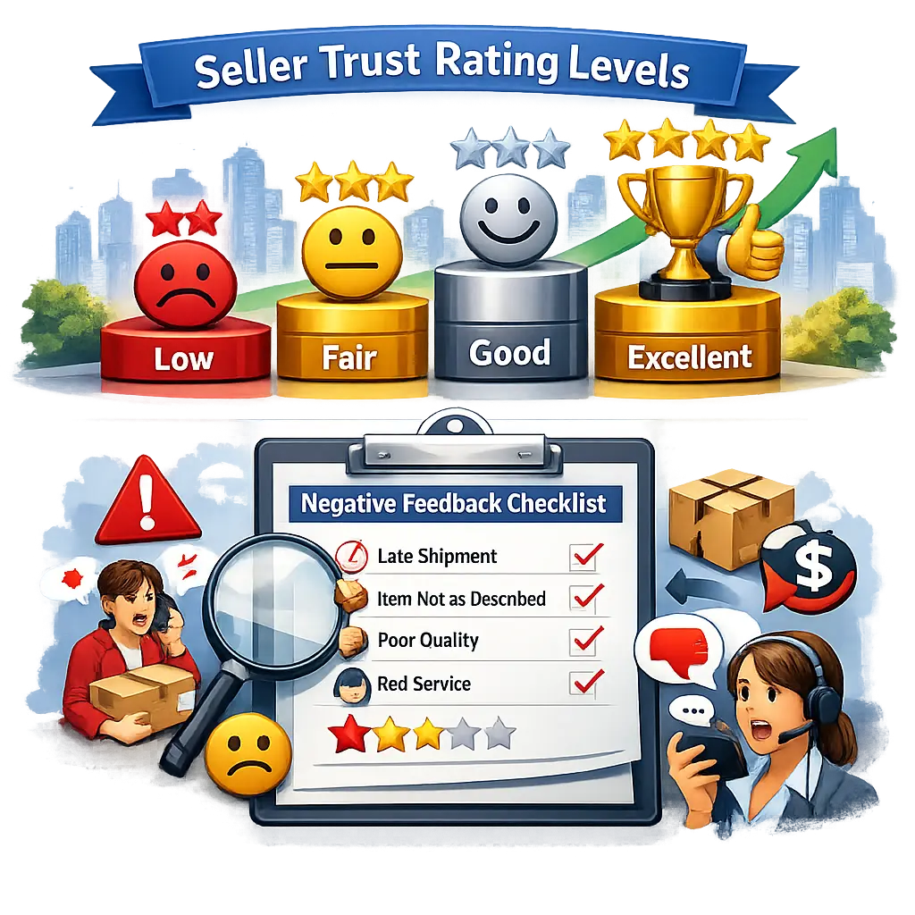 판매자 신뢰 등급 지표와 부정 피드백 체크리스트를 시각화한 인포그래픽 가이드 이미지