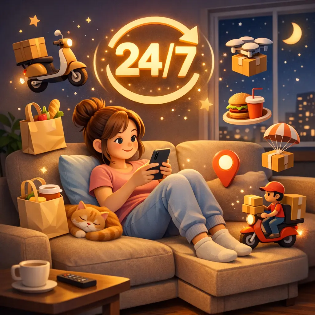 집에서 편안하게 스마트폰으로 24시간 배달 서비스를 이용하는 모습