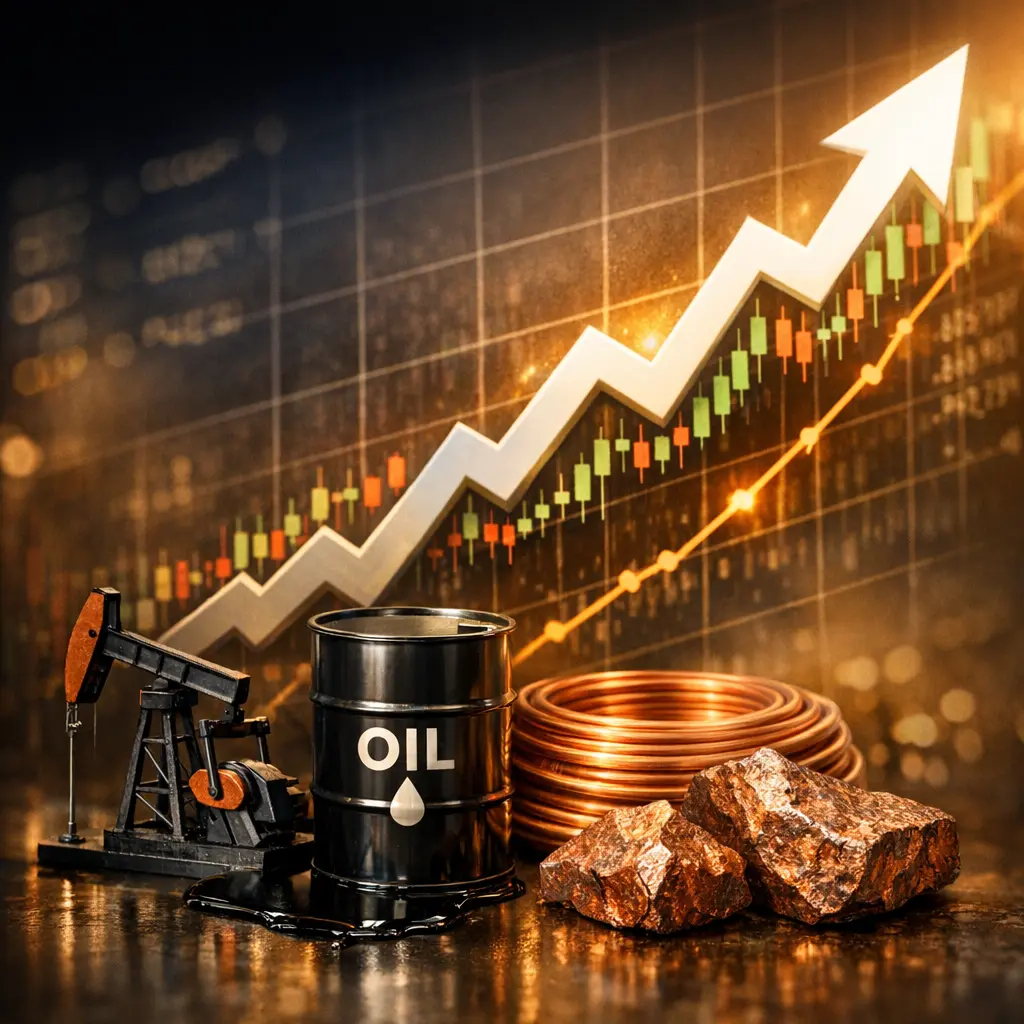 글로벌 주요 원자재 가격의 급격한 상승세를 나타내는 우상향 추세 그래프와 원유 및 구리 아이콘