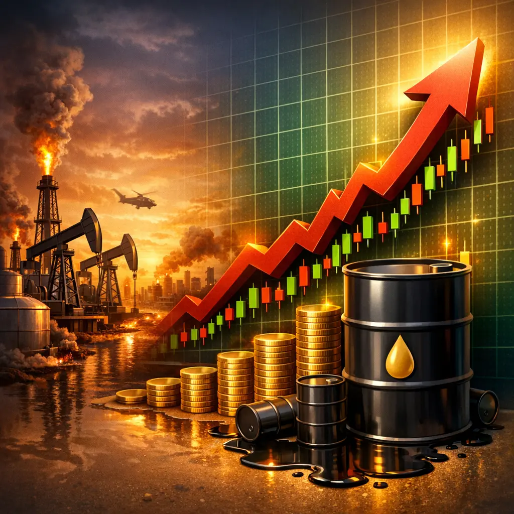 지정학적 리스크와 감산 정책으로 인한 국제 유가 상승세를 나타내는 석유 시설과 가격 차트 이미지.