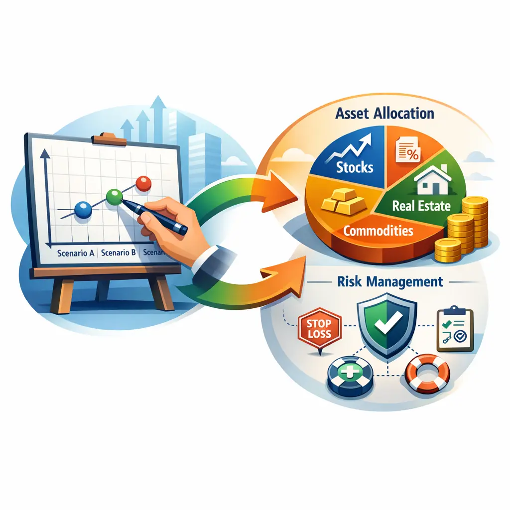 점도표 수정 시나리오에 따른 자산별 배분 비중과 리스크 관리 전략 인포그래픽