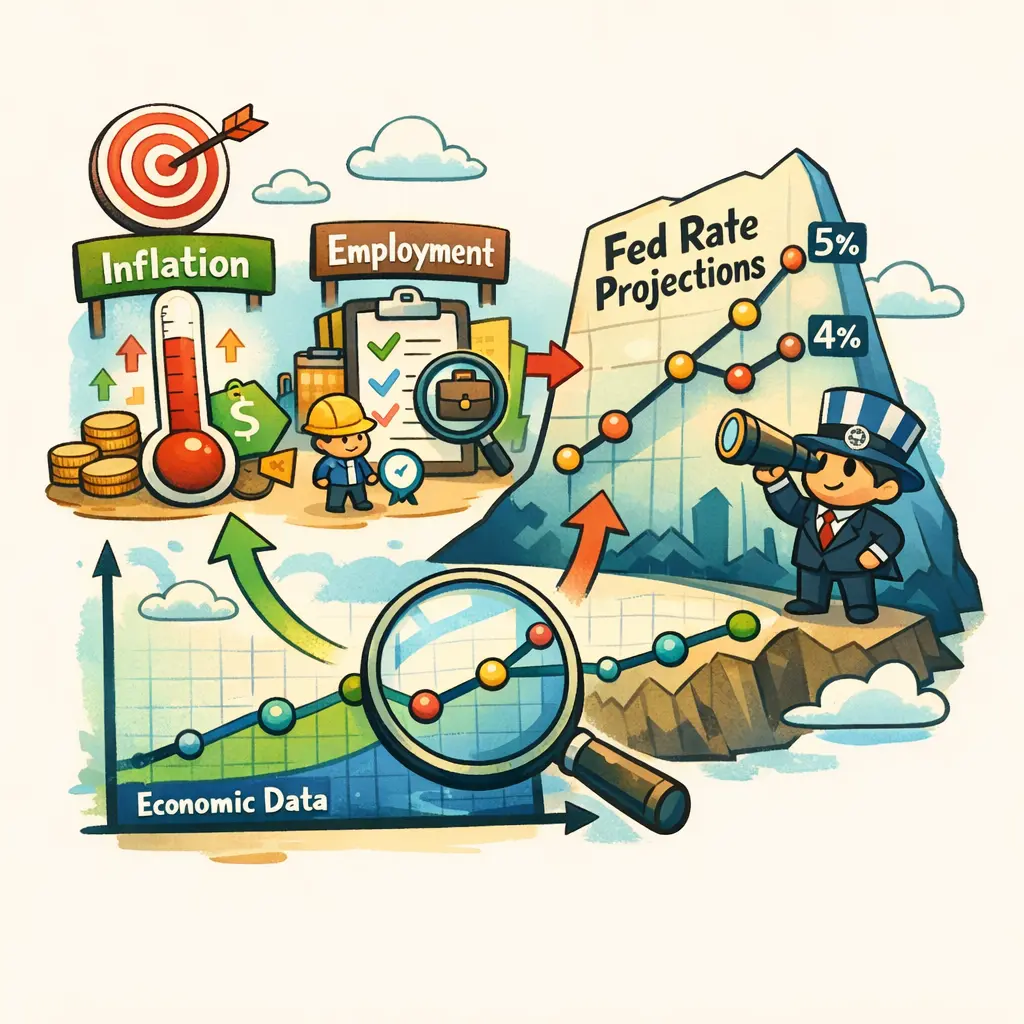 물가 및 고용 지표와 연준 점도표의 상관관계를 보여주는 경제 전망 분석 차트 인포그래픽