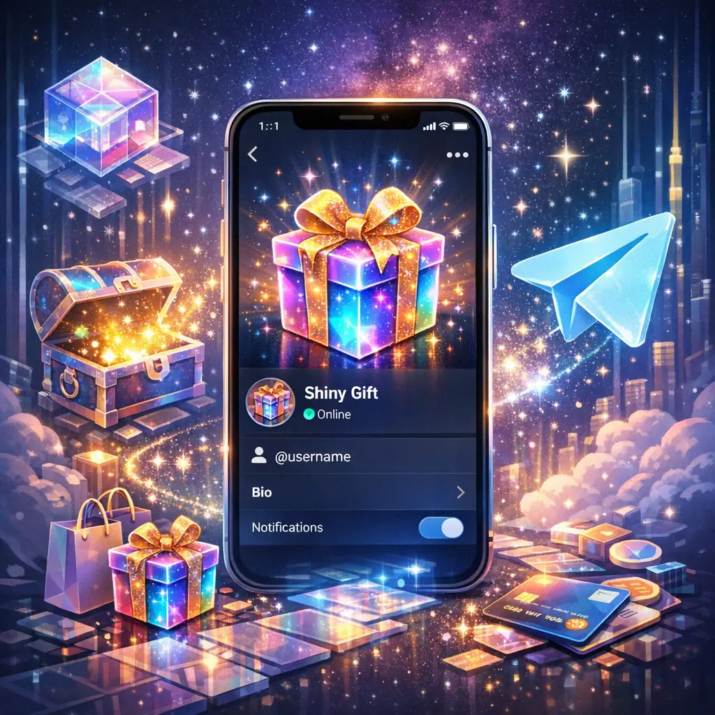 Fragment 플랫폼에서 Shiny Gift를 구매하여 텔레그램 프로필에 적용 완료한 모바일 화면 예시