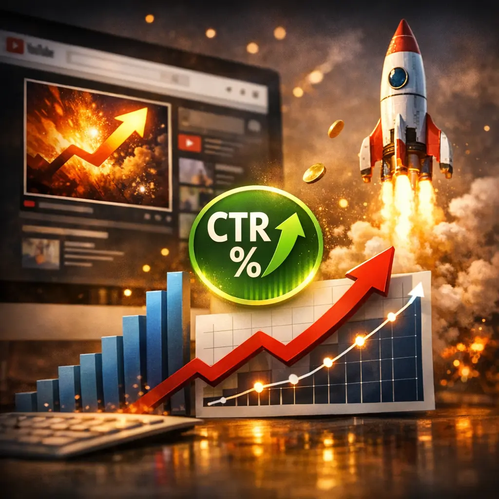 시선을 끄는 썸네일 구성과 클릭률 상승을 나타내는 데이터 지표 시각화