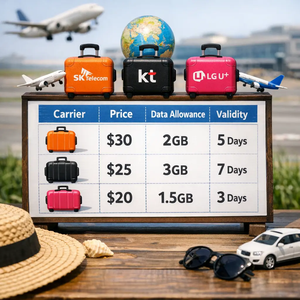 국내 이동통신사별 해외 로밍 요금제 가격 및 데이터 제공량 수치 비교 차트