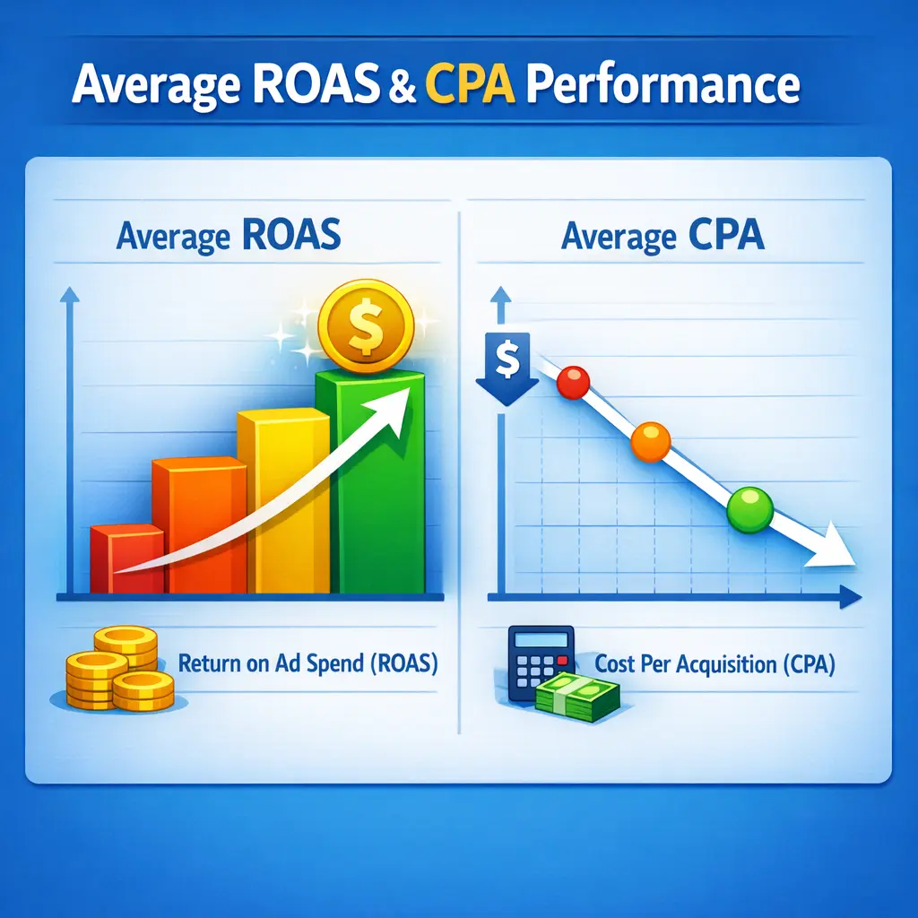 과거 캠페인 평균 ROAS 및 CPA 성과 수치를 시각화한 막대 그래프와 꺾은선 데이터 차트