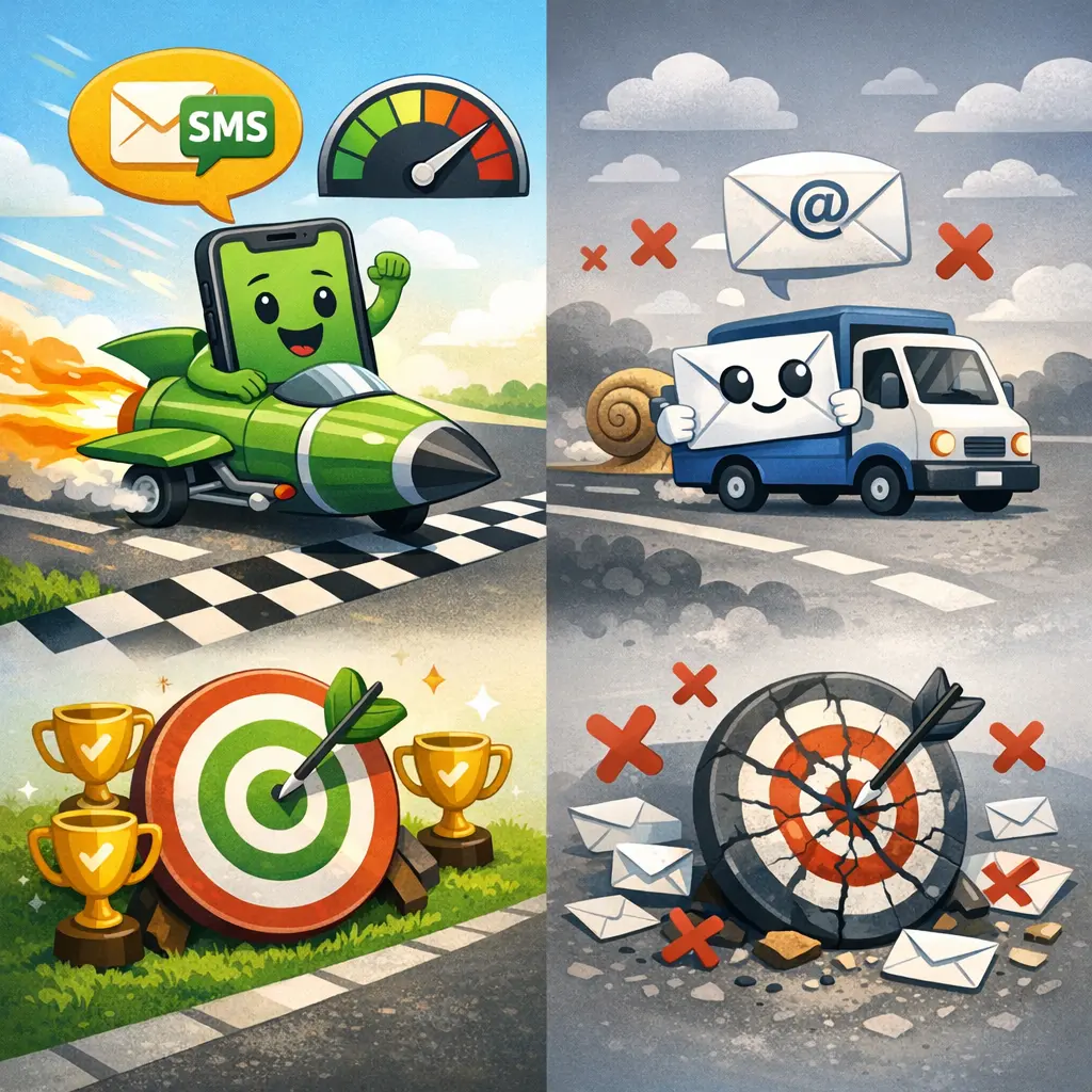 SMS와 이메일 인증 수단별 도달 속도 및 수신 성공률 비교 인포그래픽 차트