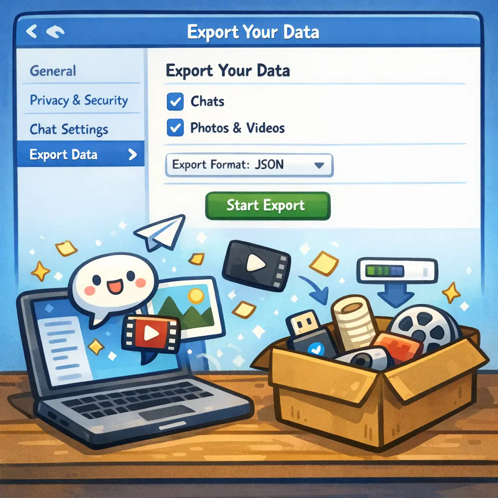 텔레그램 PC 버전 설정 메뉴에서 데이터 내보내기 기능을 사용하여 채팅 기록과 미디어를 백업하는 화면