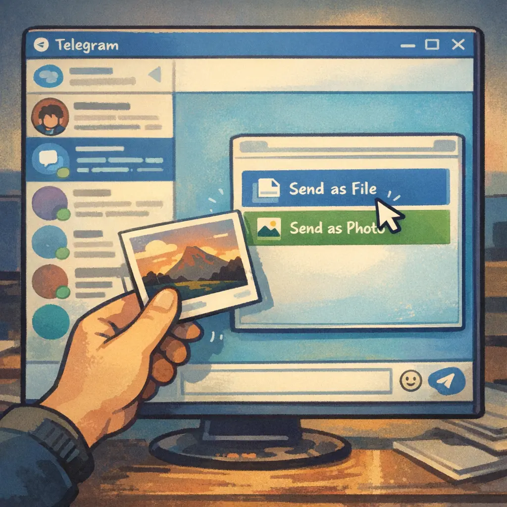PC 텔레그램 데스크톱 창에서 마우스 드래그로 이미지를 옮기며 파일로 보내기 옵션을 클릭하는 장면