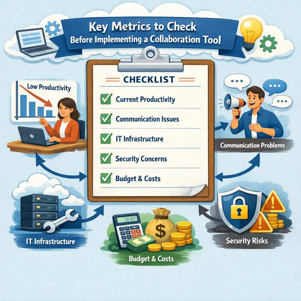 기업용 협업 툴 도입 전 5가지 핵심 지표 확인을 위한 체크리스트 일러스트레이션