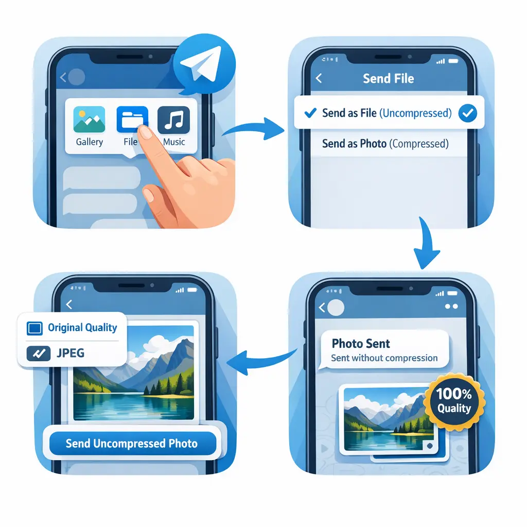 스마트폰 텔레그램 앱에서 파일 메뉴를 선택해 무압축 원본 사진을 전송하는 단계별 설정 화면