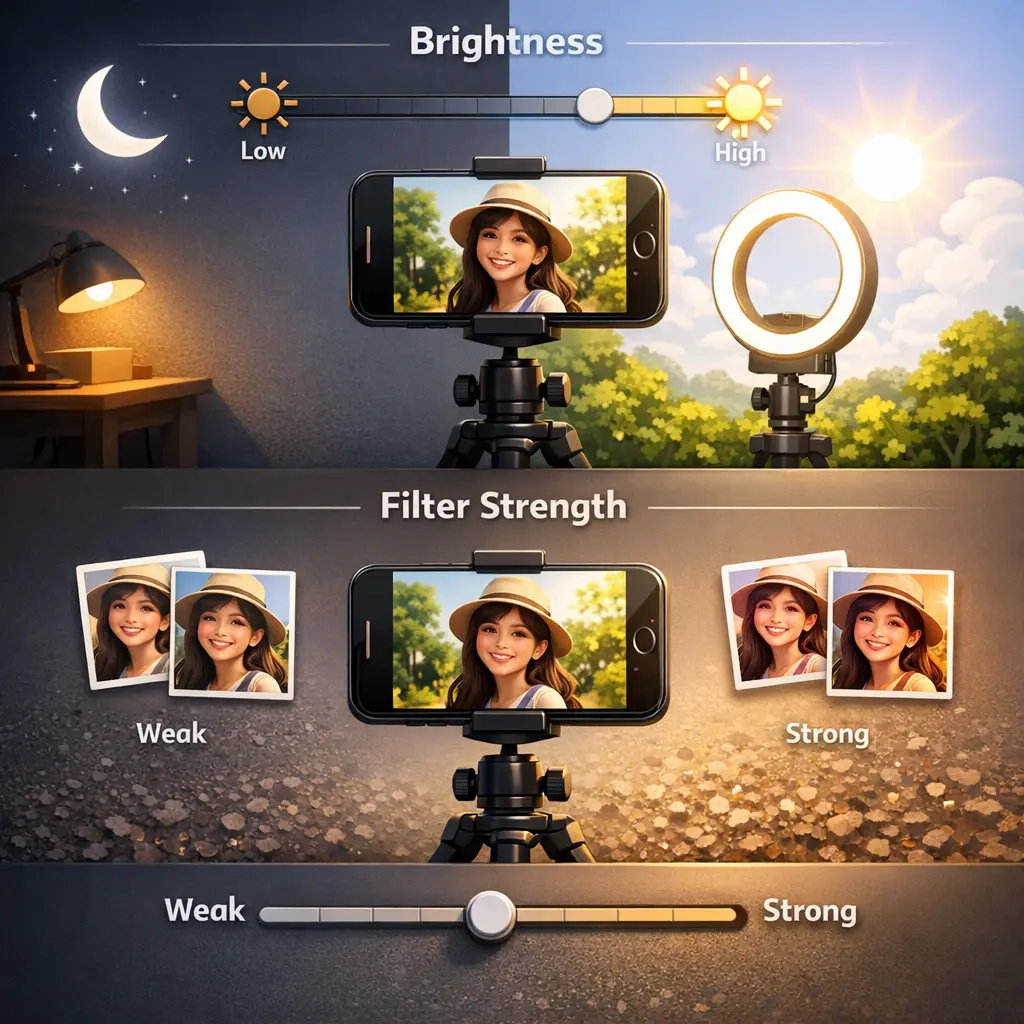 조명 밝기에 따른 스마트폰 화질 최적화와 필터 강도 조절 비교 화면