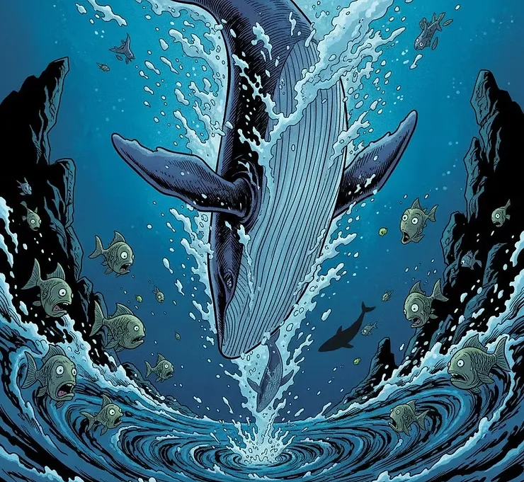 고래의 다이빙과 놀라는 주변의 물고기들