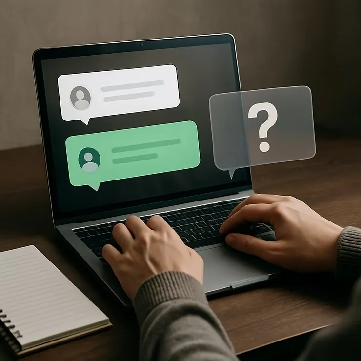 대화 기록을 보며 노트북에 타이핑하는 손가락