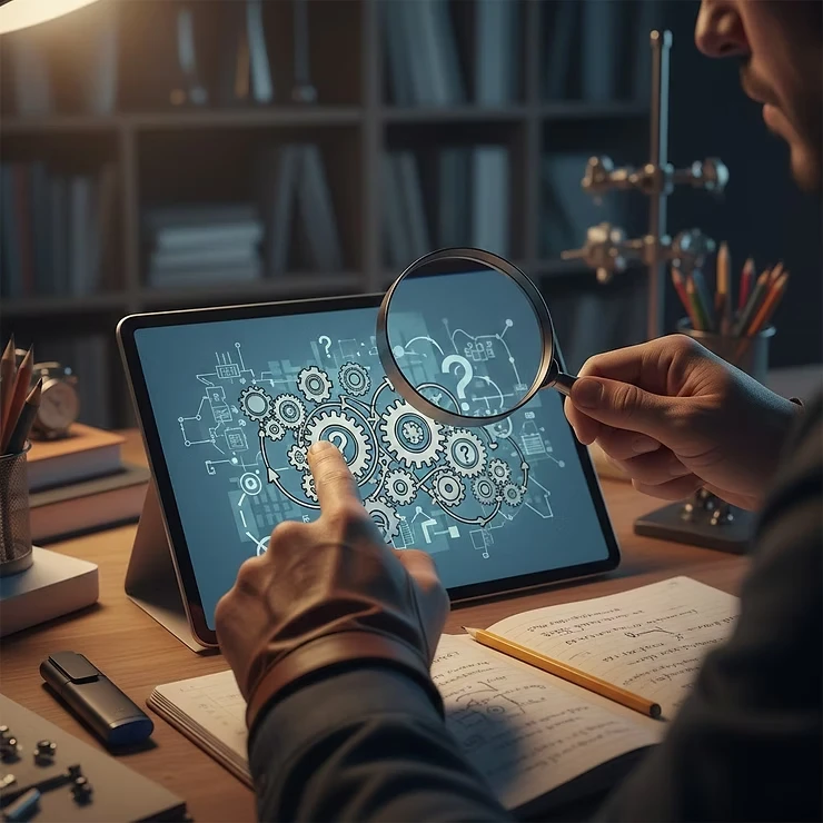 돋보기를 들고 보안을 확인하는 사람