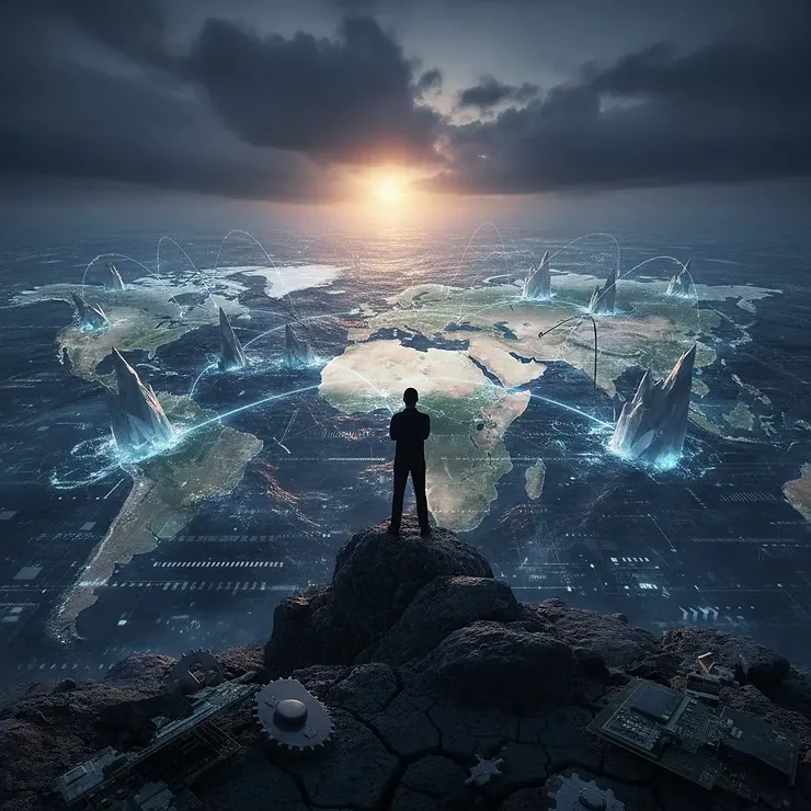 세계의 통신 발전을 산 위에서 내려다 보는 사람