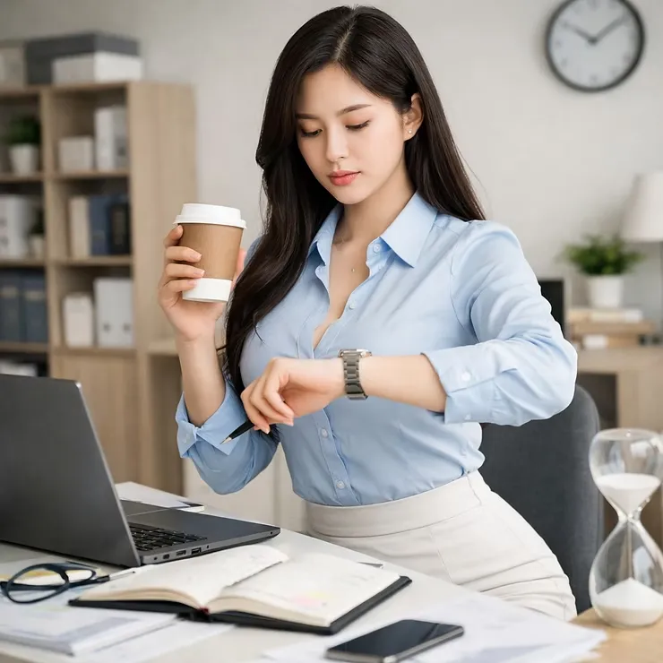 손목시계를 바라보는 여성