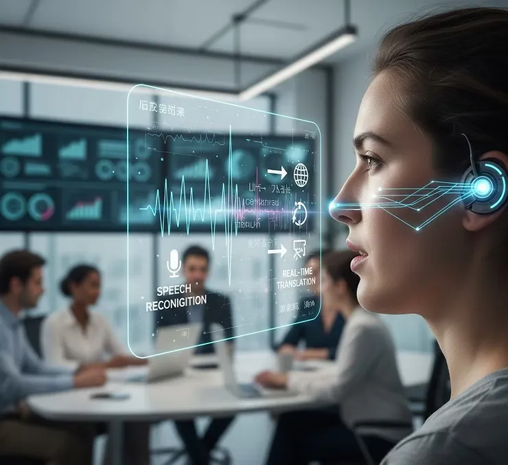 이어폰을 끼고 음성 실시간 번역 대화를 하는 사람