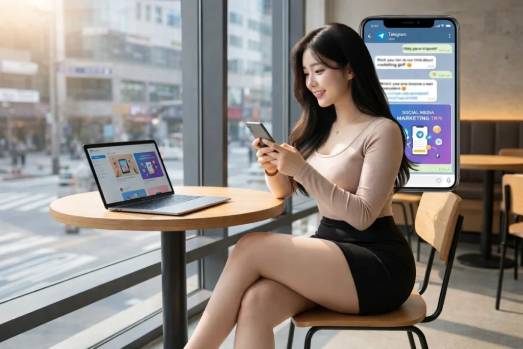 카페에서 핸드폰을 바라보는 여성