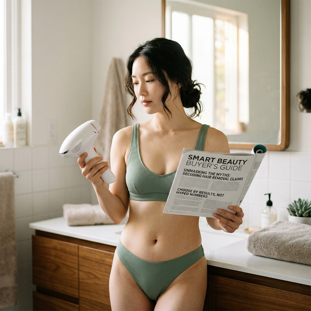 제모기 가이드를 들여다 보는 사람