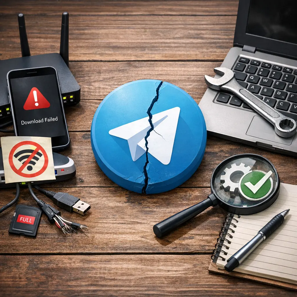 텔레그램 다운로드 실패 원인 분석과 해결 방법 안내 일러스트
